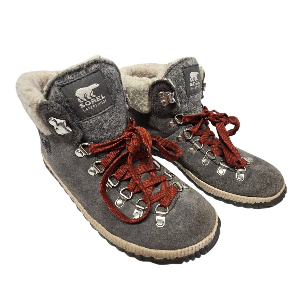 Sorel Out N About Plus Boot Waterproof Womens Sz 8 Gray Red Ankle Bootie Sherpa